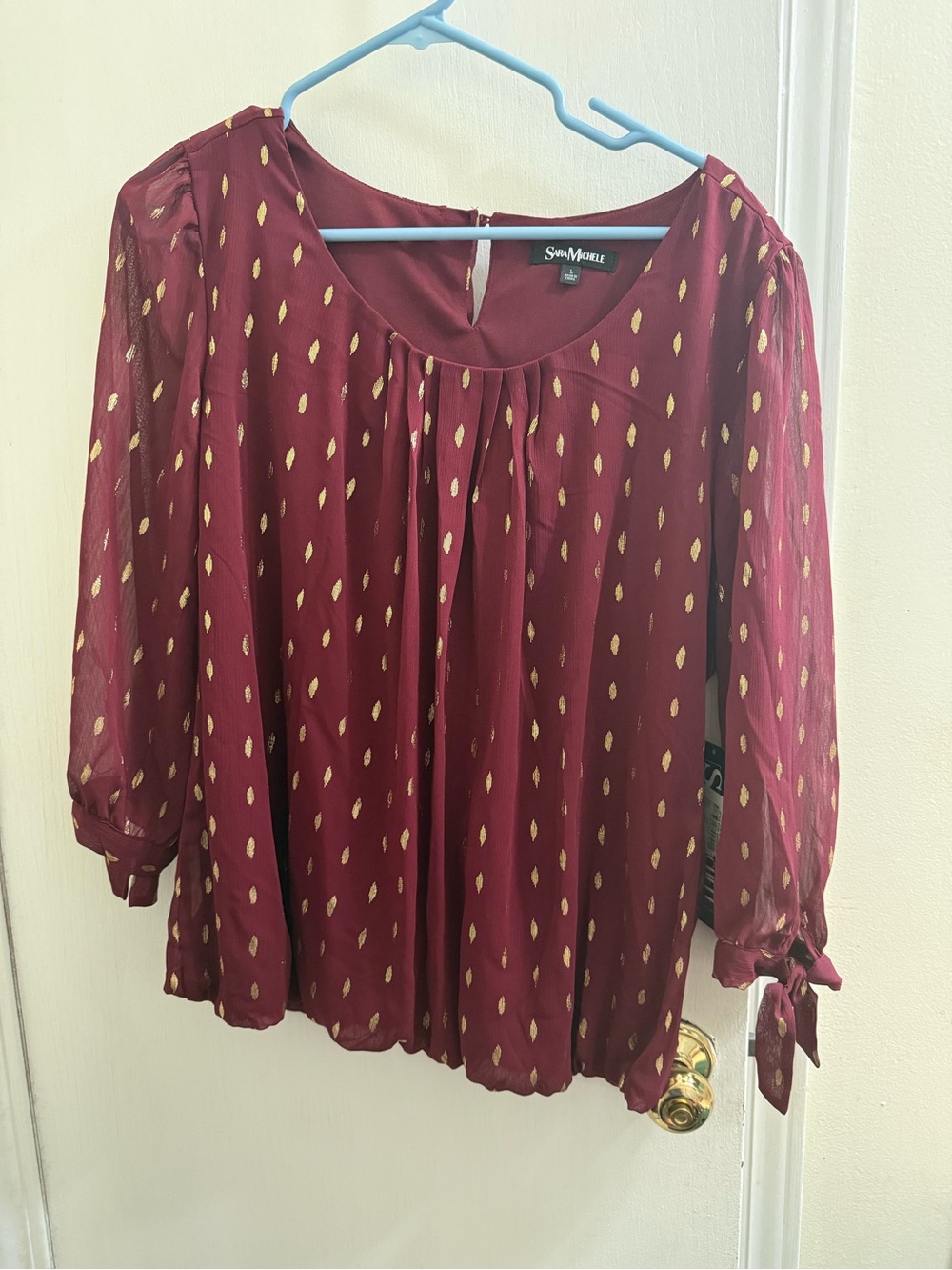 Sara Michelle Burgundy Blouse with Gold Dot Accents